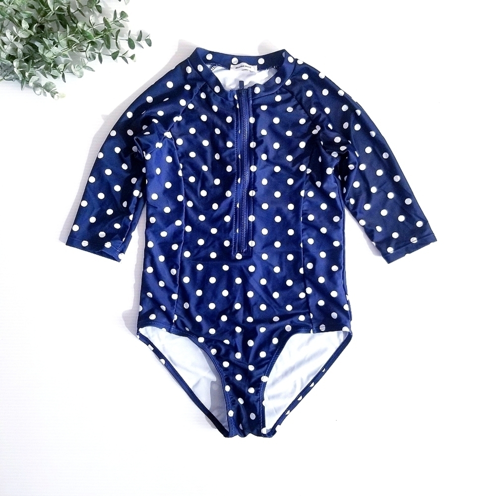 MARINA WEST Girls Kids Navy White Polka Dot Rashguard Zip Style Swim One piece - Picture 2 of 9